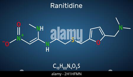Molecola di ranitidina. Viene utilizzato per il trattamento dell'ulcera peptica. Formula chimica strutturale su sfondo blu scuro Illustrazione Vettoriale
