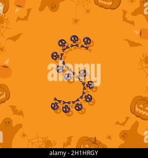 Halloween lettera S da teschi e ossa incrociate per design. Carattere festivo per le feste e festa su sfondo arancione con zucche, ragni, pipistrelli e fantasmi Illustrazione Vettoriale