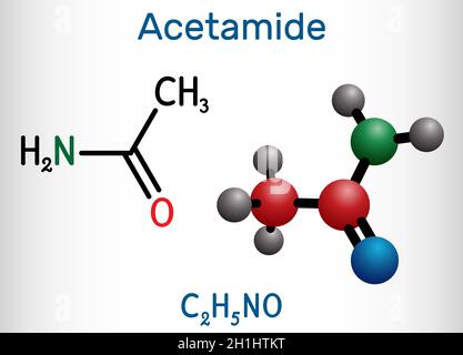 Acetamide, molecola di etanamide. Si tratta di un'ammide di acido monocarbossilico, utilizzata come plastificante nei processi di ottenimento del cuoio, della carta. Chimica strutturale Illustrazione Vettoriale