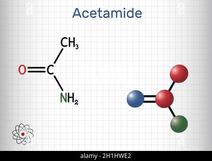Acetamide, molecola di etanamide. Si tratta di un'ammide di acido monocarbossilico, utilizzata come plastificante nei processi di ottenimento del cuoio, della carta. Chimica strutturale Illustrazione Vettoriale