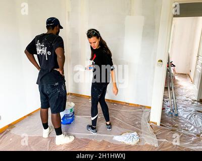 Lavori di restauro in una casa privata, Lione, Rhone, Francia Foto Stock