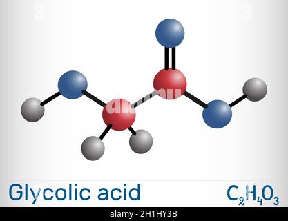 Acido glicolico, acido idroacetico o idrossiacetico, molecola C2H4O3. È alfa idrossi acido, AHA. Modello di molecola. Illustrazione vettoriale Illustrazione Vettoriale