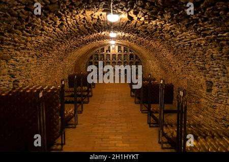 Le bottiglie di vino nella cantina di archivio, Ezerjo, Ungheria Foto Stock