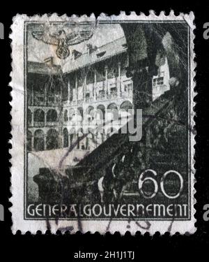 Timbro stampato in Germania, il Governo Generale (Polonia), mostra castello, Krakau, circa 1940. Foto Stock