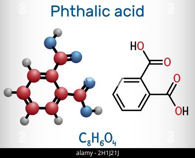 Acido ftalico, molecola di acido benzendicarbossilico. È acido dicarbossilico aromatico. Formula chimica strutturale e modello molecolare Illustrazione Vettoriale