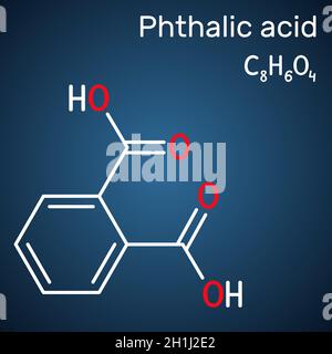 Acido ftalico, molecola di acido benzendicarbossilico. È acido dicarbossilico aromatico. Formula chimica strutturale su sfondo blu scuro. Vettore il Illustrazione Vettoriale