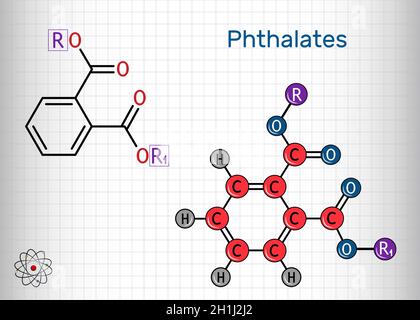 Molecola di ftalati (ortoftalato). Si tratta di esteri ftalati, esteri di acido ftalico. Formula chimica strutturale e modello molecolare. Foglio di carta i Illustrazione Vettoriale