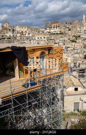 Matera, Italia - 15 settembre 2019: Appartamento obbligazionario dal film 'No Time to Die' a Sassi, Matera, Italia. Hotel immaginario nella Piazzetta Pascoli Foto Stock