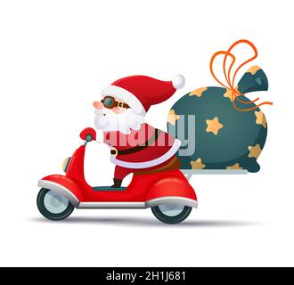 Babbo Natale carino su uno scooter con una borsa di regali. Banner di Natale, biglietto di auguri. Illustrazione isolata vettoriale , stile cartoon Illustrazione Vettoriale