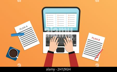 Piano b. Illustrazione vettoriale in design piatto. L'uomo fa piani diversi per la destinazione i suoi obiettivi Illustrazione Vettoriale