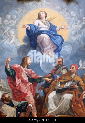 La glorificazione della Vergine Maria con San Giovanni Evangelista, Agostino, Giovanni Crisostomo e Gregorio Magno, mosaico di Carlo Maratta, in Basilio Foto Stock