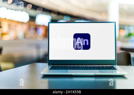 POZNAN, POL - 23 SETTEMBRE 2020: Computer portatile con logo Adobe Animate, un programma di authoring multimediale e animazione per computer sviluppato da Adobe Foto Stock