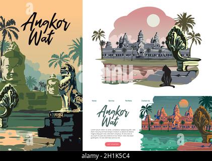 Set di opuscoli sui siti storici di viaggio. Angkor Wat Cambogia volantino, rivista, poster, libro, modello banner Illustrazione Vettoriale