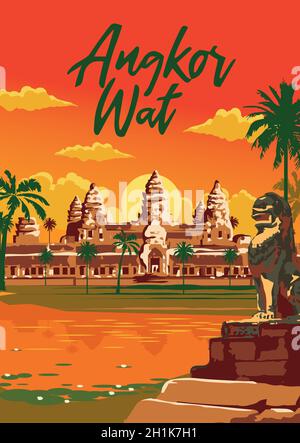 Set di schede per brochure sui luoghi storici da visitare. Modello di volantino, riviste, poster, libri, banner Angkor Wat in Cambogia Illustrazione Vettoriale