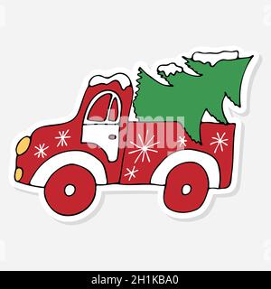 Un camion rosso del raccoglitore trasporta un albero nella parte posteriore per i festeggiamenti di Capodanno. Doodles disegnati a mano con cartoni animati di Natale e pino. Per adesivo, tag Illustrazione Vettoriale