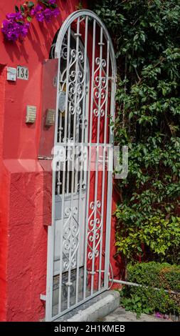 Ritratto in stile di una porta a traliccio accanto ad alcune piante e cespugli da una casa rossa Foto Stock