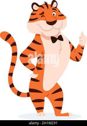 Carino fumetto che vagliano tigre con pollice su segno Illustrazione Vettoriale