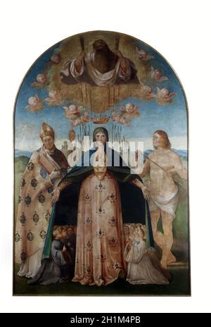 Benedetto Diana: Madonna Aiuto dei cristiani con San Luigi di Tolosa e San Sebastiano, pala d'altare nella chiesa francescana di Poljud, Spalato, Cr Foto Stock