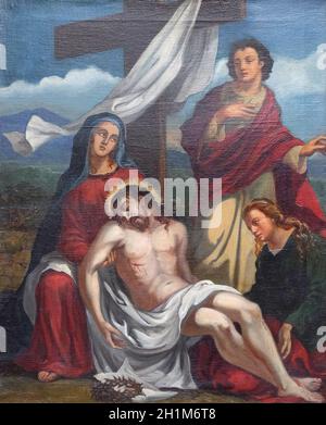 Xiii le Stazioni della Croce di Gesù corpo viene rimossa dalla croce, chiesa di Sant'Agata in Schmerlenbach, Germania Foto Stock