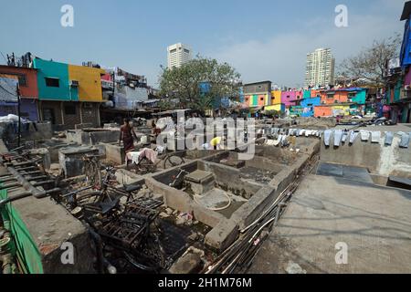 Dhobi Ghat lavanderia all'aperto a Mumbai, India Foto Stock