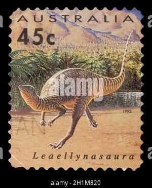 Timbro stampato in Australia mostra Leaellynasaura, circa 1993 Foto Stock