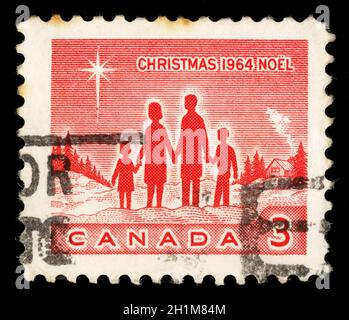 Il francobollo di Natale stampato in Canada mostra Famiglia e Stella di Betlemme, circa 1964 Foto Stock