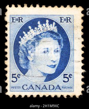 Il francobollo stampato in Canada mostra la regina Elisabetta II, circa 1954 Foto Stock
