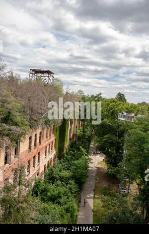 BEELITZ, GERMANIA - 30 GIUGNO 2020: Un posto perduto in germania è il famoso ospedale abbandonato e sanatorio per la tubercolosi a Beelitz, vicino a Berlino. Alberi Foto Stock