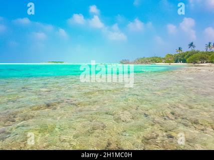 Isole naturali tropicali di sabbia con gradiente di colore nell'acqua Madivaru e Finolhu in Rasdhoo Atoll Maldives. Foto Stock