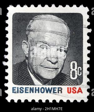 Francobollo stampato negli Stati Uniti mostra Ritratto Presidente Dwight David Eisenhower circa 1970 Foto Stock