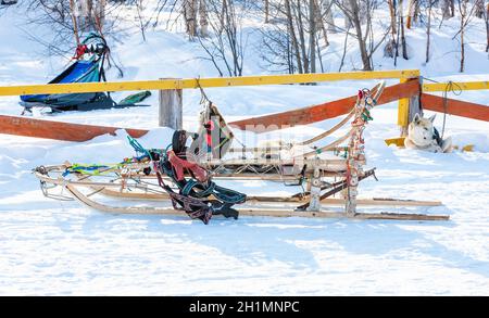 Sled utilizzato su niente uomo ghiacciaio per cane sledders Foto Stock