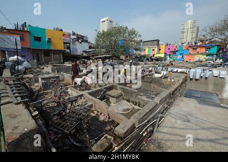 Dhobi Ghat lavanderia all'aperto a Mumbai, India Foto Stock