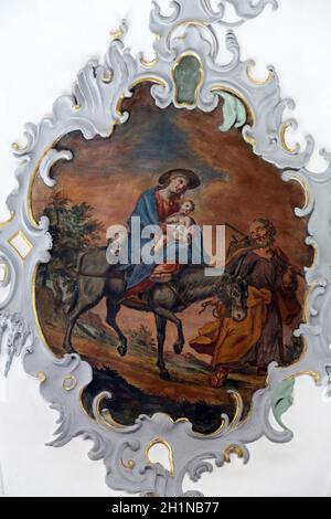 Fuga in Egitto, affresco sul soffitto della chiesa di Nostra Signora dei Dolori in Rosenberg, Germania Foto Stock