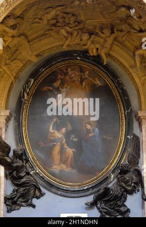 L'Annunciazione della Vergine Maria pala nella Cappella dell'Annunciazione , Chiesa di San Lorenzo a Lucina, Roma, Italia Foto Stock