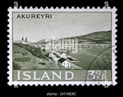 Timbro rilasciato in Islanda mostra Akureyri, paesaggi serie, circa 1963. Foto Stock