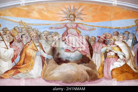 Vergine Maria, affresco di Johann Adam Remele in Bernard Hall, Abbazia cistercense di Bronnbach a Reicholzheim, nei pressi di Wertheim, Germania Foto Stock