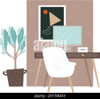 Luogo di lavoro con gadget, mobili e decorazioni Illustrazione Vettoriale