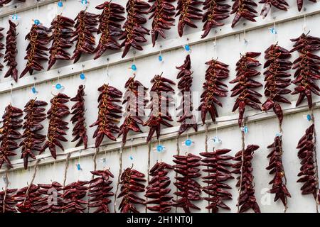 ESPELETTE, FRANCIA - CIRCA GENNAIO 2021: Corde di Pippers Espelette PDO che asciugano su parete bianca. Foto Stock