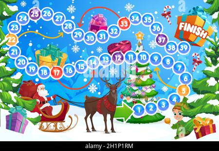 Bambino inverno vacanze gioco da tavolo con albero di Natale e Santa. I bambini pagano attività con il lancio dei dadi, gioco di tavolo educativo per i bambini. Santa equitazione Illustrazione Vettoriale