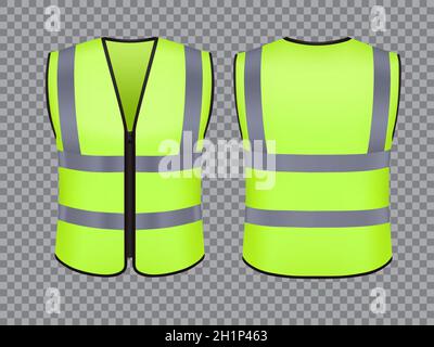 Giubbotto di sicurezza, sicurezza isolata, abbigliamento uniforme per il traffico e il lavoro, mockup vettoriale realistico. Giubbotto di sicurezza con strisce retroriflettenti di colore verde Illustrazione Vettoriale