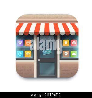 Icona vettoriale del mercato dell'applicazione del negozio online per il mercato del negozio Web. Pulsante dell'app per telefoni cellulari online per acquistare e vendere il negozio digitale o il mercato, SM Illustrazione Vettoriale