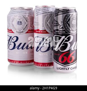 PETROPAVLOVSK-KAMCHATSKY, KAMCHATKA- Oct 25, 2016 : metallo Struttura di bottiglia di birra Budweiser su uno sfondo bianco. Foto Stock