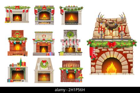 Caminetti per la casa con decorazioni natalizie. Caminetti in pietra, mattoni e marmo con fuoco, ornamenti di alberi di Natale baubles, foglie di agrifoglio e stoc Illustrazione Vettoriale