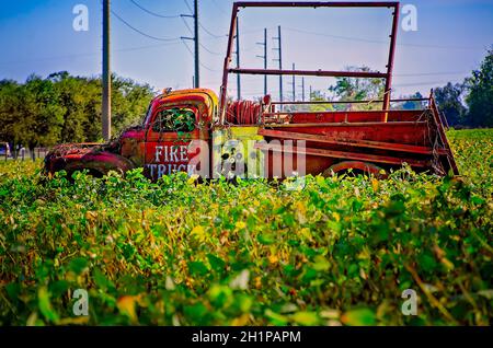 Un furgone americano Lafrance degli anni '40 si trova in un campo sull'autostrada 98, 16 ottobre 2021, a Fairhope, Alabama. Foto Stock