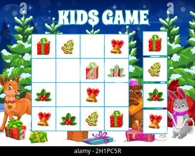 Bambini gioco di puzzle di Natale con animali bambini. Attività educativa di gioco per bambini, rebus logico per bambini o cruciverba. Renna, orso e lepre con Illustrazione Vettoriale