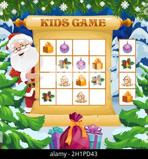Gioco di crossword di Natale, rebus vacanze invernali per bambini con Babbo Natale e regali. Pagina del libro di attività per bambini, gioco logico per bambini. Santa, regali e cuoco Illustrazione Vettoriale
