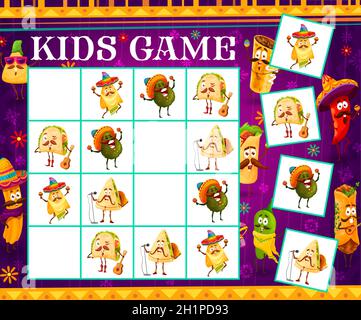 Sudoku gioco bambini cartoon messicano cibo personaggi musicista. Cavalcata vettoriale con cantanti tex mex mariachi su scacchiera. Attività di gioco del consiglio di amministrazione educativa, Illustrazione Vettoriale