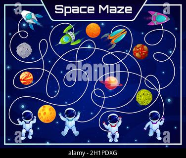 Labirinto spazio galassico con pianeti e astronauti. Gioco da tavolo per bambini, compito vettoriale con percorso aggrovigliato e cartoon cosmonauts personaggi trovare spac Illustrazione Vettoriale