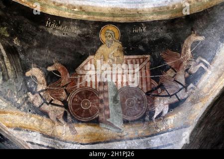 Profeta Elia andando fino al cielo, affresco del Saint Naum monastero vicino a Ohrid in Macedonia Foto Stock