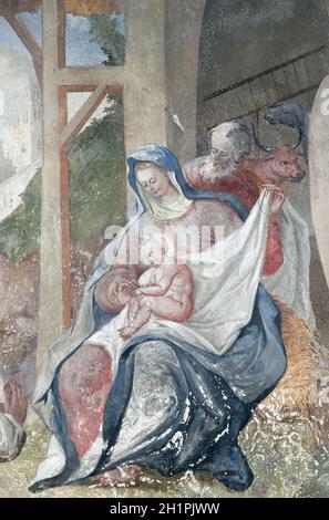 Scena della natività, la nascita di Gesù, affresco sul soffitto di San Giovanni Battista a Zagabria in Croazia Foto Stock